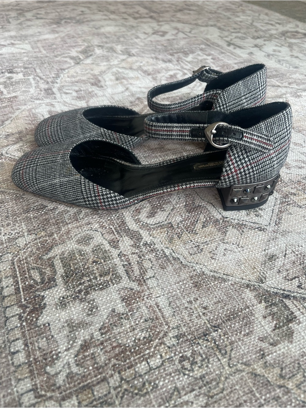 Dolce & Gabbana Embellished Heel Square Toe Black and Gray Plaid Mary Janes